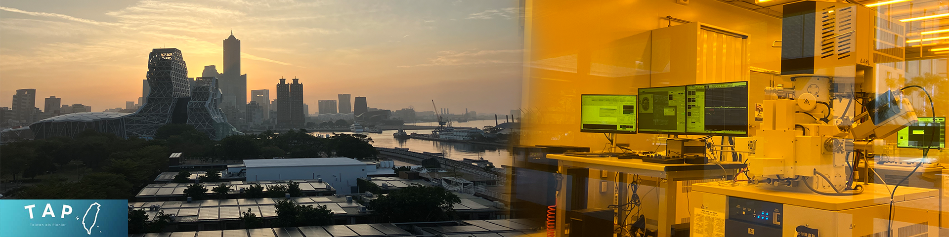 Skyline von Kaohsiung und ein Forschungslabor des TAP-Netzwerks